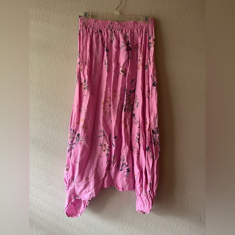 Italian Linen Asymmetrical Hem Maxi Skirt Floral Pink Women's Skirt - Picture 8 of 12